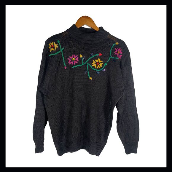 Vintage Basket of Yarn Embroidered Sweater Ramie Cotton Black Floral Size L - Picture 1 of 10
